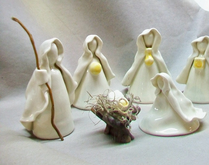 Nativity Set 3pc Plus Manger Translucent White Wheel Thrown, Hand Sculpted Porcelain Unique OOAK in production image 7