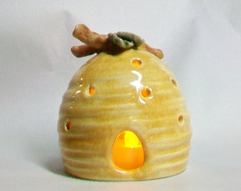 Tea Light-Sized Bee Hive - on a Tree Branch - Ready to Ship -Handmade, Wheel Thrown -Includes Battery Tealight