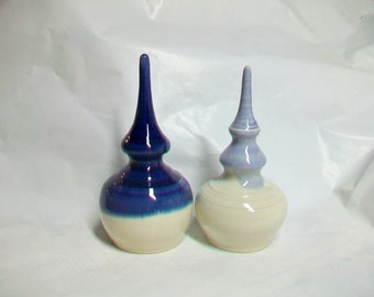 Garden Finials - Set of 2- Deep Blue, Lavender and White - Handmade on the Wheel - Each is a One of a Kind