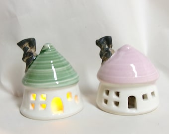 Tea Light-Sized Fairy House/Night Light -- Set-2 -- Green Roof- Pink Roof - Handmade, Wheel Thrown - Incl. Battery Tealight