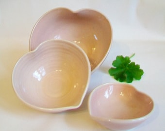 Nesting Heart Bowls - Set of 3, Handmade, Shades of Soft Pink - 5 inch diameter - Lovely Valentines Day Gift - Ready to Ship - Actual Set