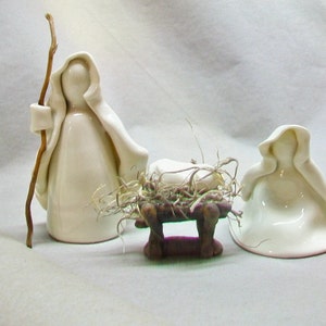 Nativity Set 3pc Plus Manger Translucent White Wheel Thrown, Hand Sculpted Porcelain Unique OOAK in production image 3