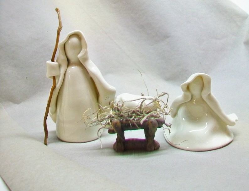 Nativity Set 3pc Plus Manger Translucent White Wheel Thrown, Hand Sculpted Porcelain Unique OOAK in production image 3