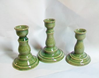 Candlestick Holders -- Set of 3 Green Candle Holders - Wheel Thrown, Speckled Stoneware Clay