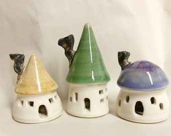 Fairy Garden Houses -Pastel Garden Houses - Set of 3 - New -- out of the Kiln  - Actual Set -  Ready to Ship -- Handmade on Potters Wheel