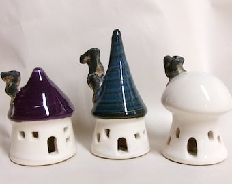 Fairy Garden Houses -Pastel Garden Houses - Set of 3 - New -- out of the Kiln  - Actual Set -  Ready to Ship -- Handmade on Potters Wheel