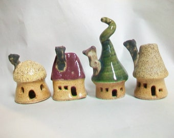 Fairy Garden Houses - Garden Houses - Set of 4 - New Houses out of the Kiln  - Actual Set -  Ready to Ship -- Handmade on Potters Wheel