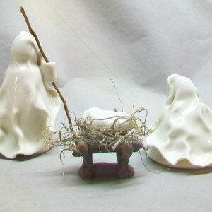 Nativity Set 3pc Plus Manger Translucent White Wheel Thrown, Hand Sculpted Porcelain Unique OOAK in production image 4