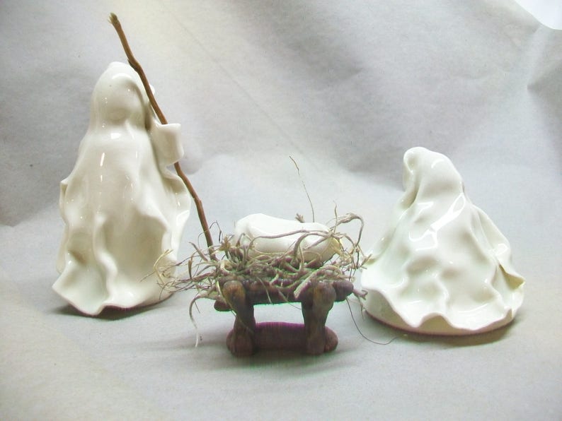 Nativity Set 3pc Plus Manger Translucent White Wheel Thrown, Hand Sculpted Porcelain Unique OOAK in production image 4