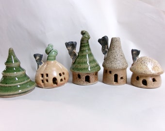 Fairy Garden Houses - Set of 5 -- 4 Houses and 1 Tree - Handmade on Potters Wheel--Set of 5 Ready to Ship