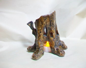 Tree Stump Fairy House / Night Light - Handmade on the Potters Wheel - Each One a One of a Kind