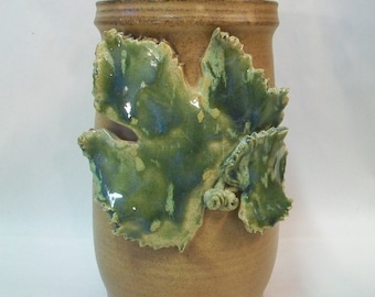 Nutmeg Wine Chiller / Vase  - with Grape Leaf  Decoration - Wheel Thrown