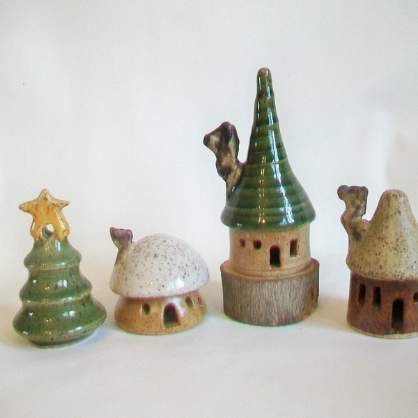 Fairy Garden Houses - Set of 3 Small, Sweet Houses and a Tree with a Star -  Each One is Handmade, Wheel Thrown - Actual Set - Ready to Ship