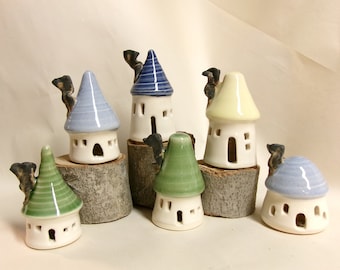 Garden Fairy Houses - Blue,Green,Yellow - Houses -Handmade on Pottery Wheel -You Choose - ready to ship -also in production