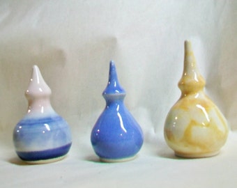 Garden Finials - Set of 3- Blue and White- Medium Blue - Goldenrod and White  - Handmade on the Wheel - Each is a One of a Kind