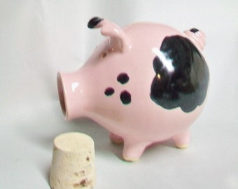 Piggy Bank - Pink with Lovely Black Spots - Rounded Bottom - Handmade on Potters Wheel - Charming Gift - Actual Pig - Ready to Ship - OOAK