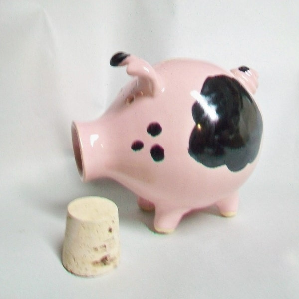 Piggy Bank - Pink with Lovely Black Spots - Rounded Bottom - Handmade on Potters Wheel - Charming Gift - Actual Pig - Ready to Ship - OOAK
