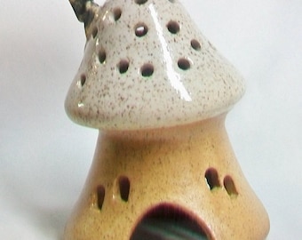 Mushroom Fairy House/Garden Toad House/Night Light - White, Speckled Roof - Handmade, Wheel Thrown - Speckled Stoneware- Ready to Ship  Now