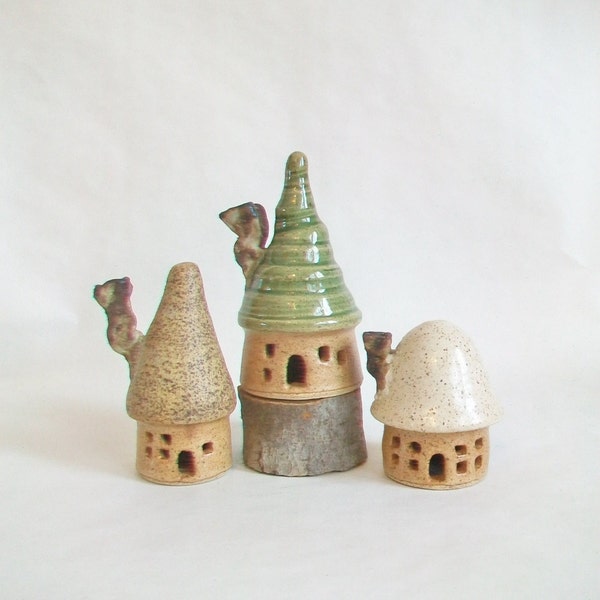 Fairy Houses - Garden Houses - Set of 3 - New Houses out of the Kiln  - Actual Set -  Ready to Ship -- Handmade on Potters Wheel