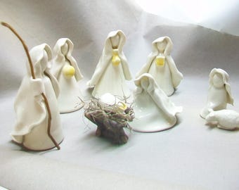 Nativity - 8 pc Set  plus manger - Porcelain - Translucent White -- Handmade, Wheel Thrown- Made to order -- In Production now