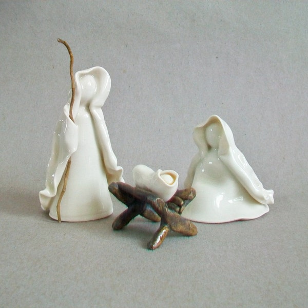 Nativity Set - 3pc Plus Manger - Translucent White - Wheel Thrown, Hand Sculpted Porcelain - Unique - OOAK - in production