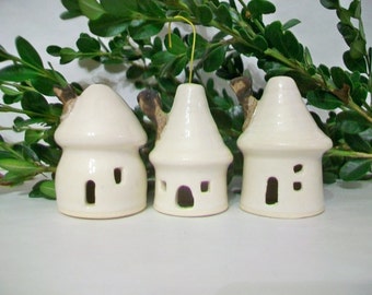 Little House Christmas Ornaments - Set of 3 Small White Houses - Light weight- Handmade, Wheel Thrown - Made to Order