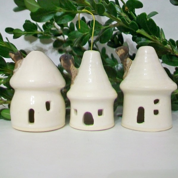 Little House Christmas Ornaments - Set of 3 Small White Houses - Light weight- Handmade, Wheel Thrown - Made to Order