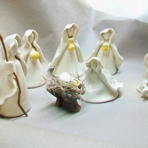 Nativity Set 3pc Plus Manger Translucent White Wheel Thrown, Hand Sculpted Porcelain Unique OOAK in production image 6