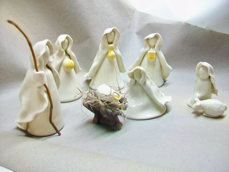 Nativity Set 3pc Plus Manger Translucent White Wheel Thrown, Hand Sculpted Porcelain Unique OOAK in production image 6