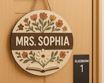 Custom Teacher Door Sign with Name, Floral Classroom Wall Decor, Personalized Wood Round Sign for School, Reading Nook or Office