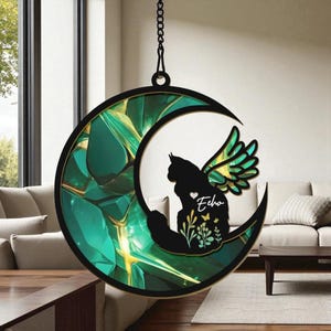 Custom Cat with Wings Suncatcher Ornament, Personalized Cat Memorial Gift, Cat Loss Sympathy Gift, Loss of Cat Remembrance Gift, Cat on Moon