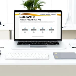 May include: A white laptop computer with a black keyboard and trackpad is open to a webpage titled "NotionNest MasterFlow Final Pro: Corporate Process Template". The laptop is on a white desk with a grey notebook, a white keyboard, a grey mouse mat, a black pen, and a white mouse.