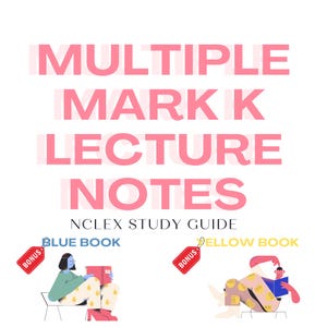 May include: A digital study guide titled MULTIPLE MARK K LECTURE NOTES NCLEX STUDY GUIDE. It features two illustrations of people reading, labeled BLUE BOOK and YELLOW BOOK, each with a red tag that says BONUS. The text is in large pink letters.