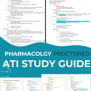 May include: A Pharmacology Proctored ATI Study Guide document featuring black text on a white background. The content covers pharmacokinetics, routes of administration, absorption, distribution, metabolism, therapeutic index, and half-life concepts.