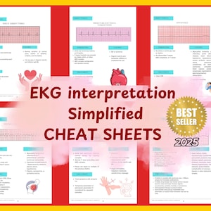 May include: A collection of EKG interpretation cheat sheets featuring medical diagrams, rhythm strips, and clinical data. The pages include text headers like Sinus Arrhythmia, Asystole, and Premature Junctional Contractions, with a gold Best Seller 2025 seal.