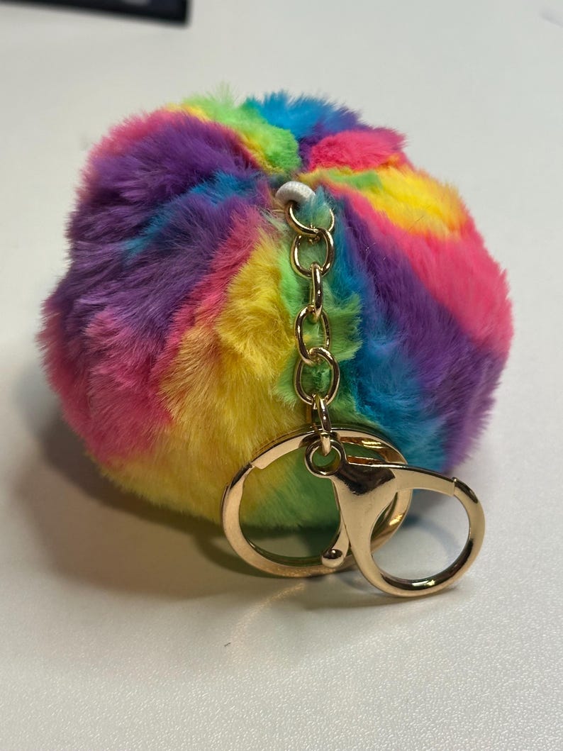 Puede incluir: Un llavero de pomp&oacute;n multicolor. El llavero presenta un cierre y una cadena de color dorado. El pomp&oacute;n es una mezcla de colores vibrantes, incluyendo rosa, amarillo, verde, azul y morado, creando un accesorio l&uacute;dico y llamativo.