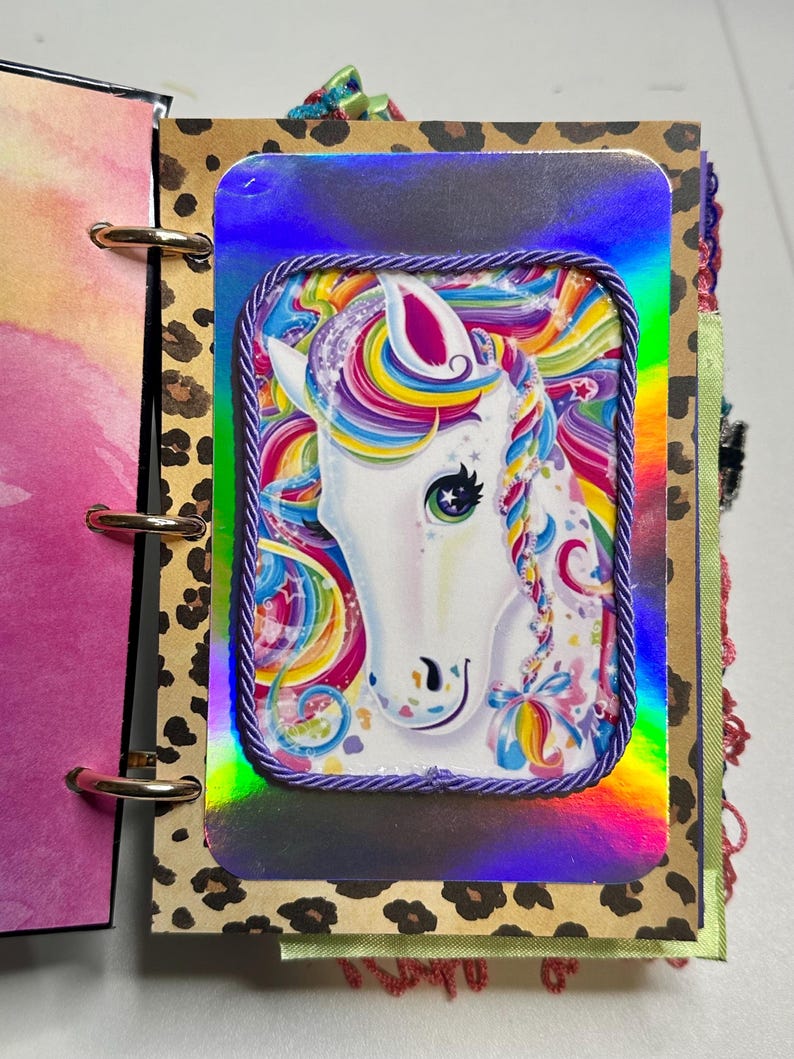 Puede incluir: Un diario con una imagen de unicornio sobre un fondo hologr&aacute;fico. El unicornio tiene una cara blanca y una melena arco&iacute;ris. La imagen est&aacute; enmarcada con un borde de cuerda morada. El diario tiene una cubierta con estampado de leopardo.