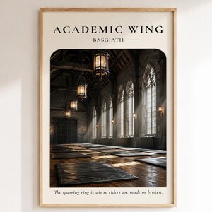 May include: A rectangular wall art print featuring the text ACADEMIC WING BASGIATH at the top and The sparring ring is where riders are made or broken at the bottom. The center shows a dark, vaulted hall with hanging lanterns and floor mats.
