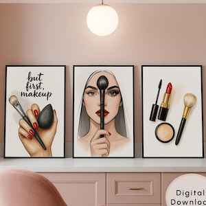 Set van 3 make-upkunst aan de muur | Decorafdrukken schoonheidssalon | Posterbundel make-upartiest | Muurkunst op toilettafel | Digitale download glamourmode