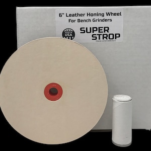 May include: A 6 inch leather honing wheel for bench grinders, made in the USA by Super Strop, a brand of premium leather honing belts.