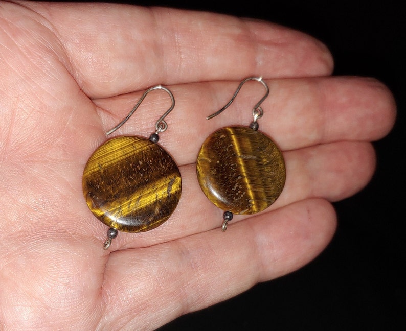 Puffy Round Tigers Eye Sterling Silver Dangling Earrings