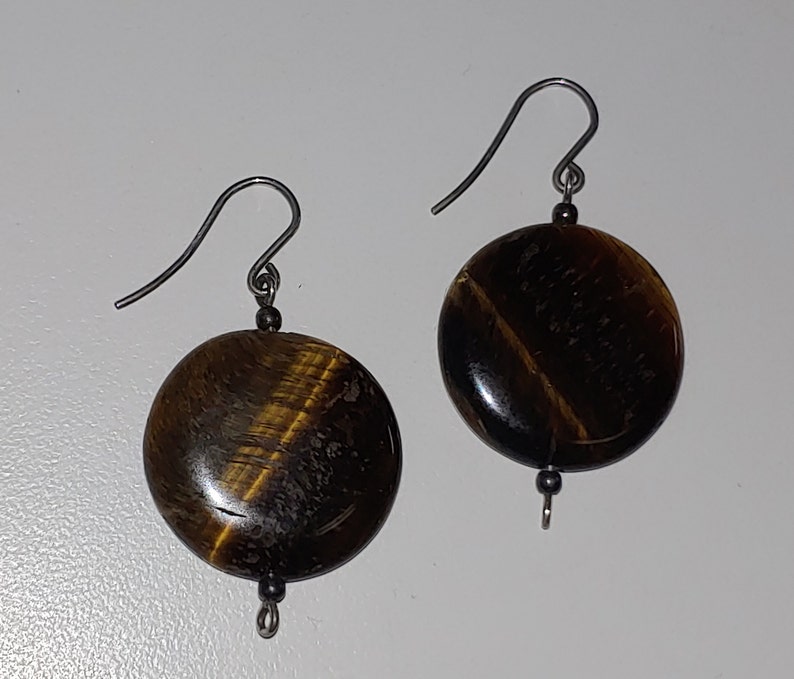Puffy Round Tigers Eye Sterling Silver Dangling Earrings