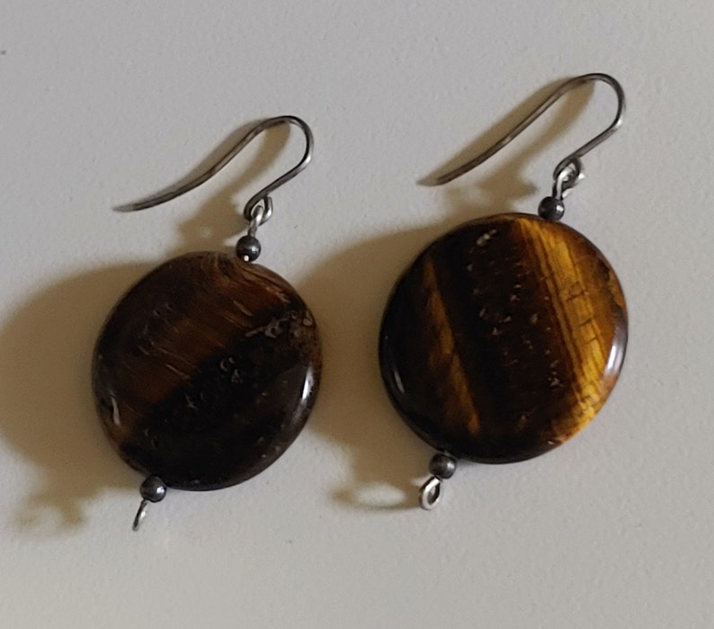 Puffy Round Tigers Eye Sterling Silver Dangling Earrings