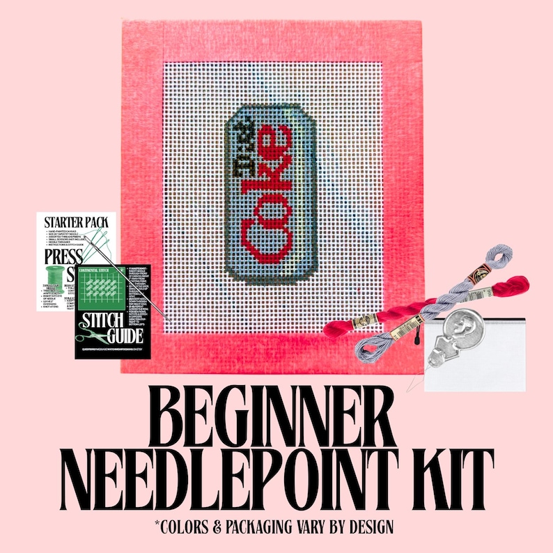 May include: A beginner needlepoint kit featuring a canvas with a "Diet Coke" design, red and gray embroidery floss, a needle, and a stitch guide. The kit is set against a pink background with the words "BEGINNER NEEDLEPOINT KIT".
