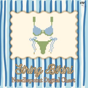 Può includere: Un grafico digitale a punto croce con un bikini a stringa pixelato. La parte superiore del bikini è azzurra e la parte inferiore è verde, con lacci bianchi. Il testo "String Bikini Needlepoint Digital Chart" è visualizzato sotto.
