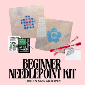 Puede incluir: Un kit de punto de aguja para principiantes con dos lienzos con diseños de flores con la letra "C". El kit incluye hilo de bordar en tonos rosas y rojos, una aguja y una guía de puntadas. Se muestra el texto "BEGINNER NEEDLEPOINT KIT".