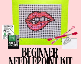 Bitten Lip Needlepoint Kit | Hand-Painted Mini Canvas, Beginner Friendly