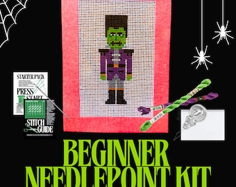 Frankenstein Needlepoint Kit | Hand-Painted Mini Halloween Canvas, Beginner Friendly