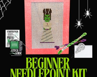Bride of Frankenstein Needlepoint Kit | Hand-Painted Mini Halloween Canvas, Beginner Friendly