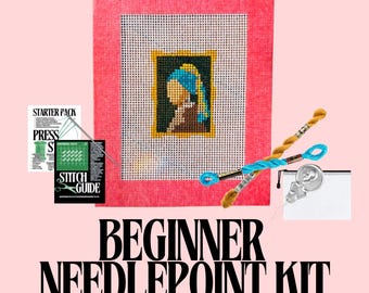 Girl with a Pearl Earring Needlepoint Kit | Hand-Painted Mini Portrait Canvas, Beginner Friendly
